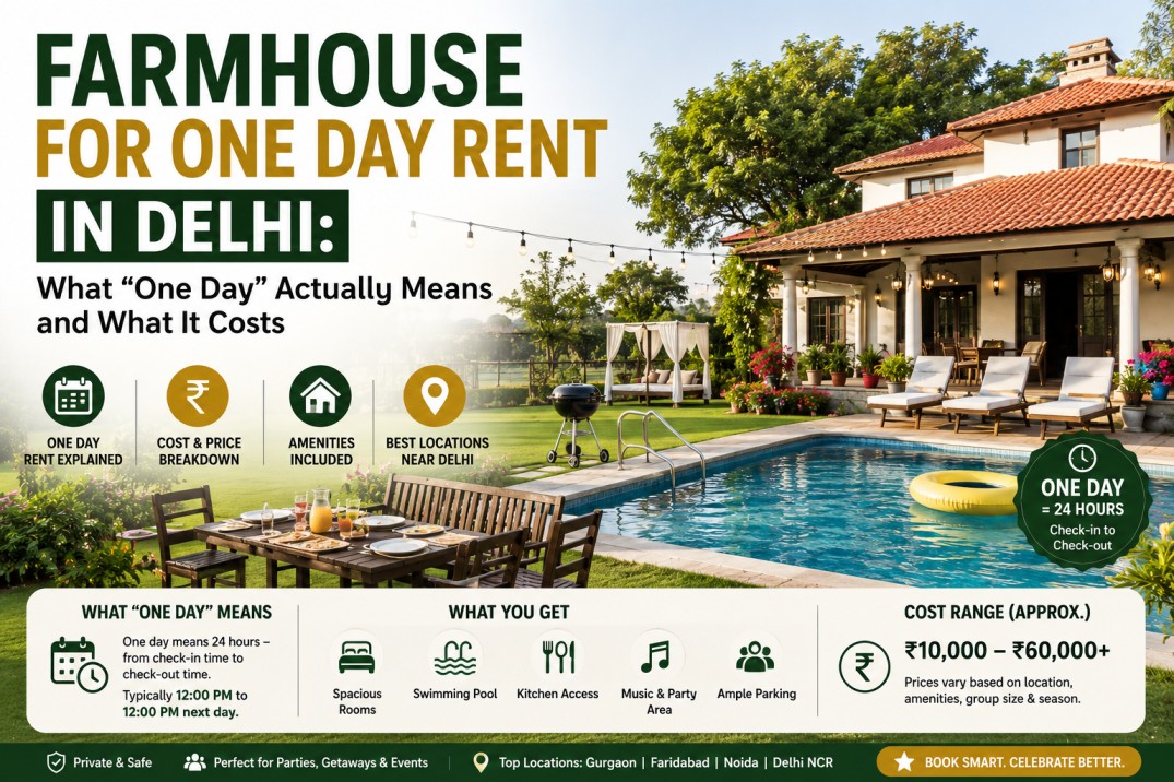 Farmhouse for one day rent in delhi pricing slots-booking-guide